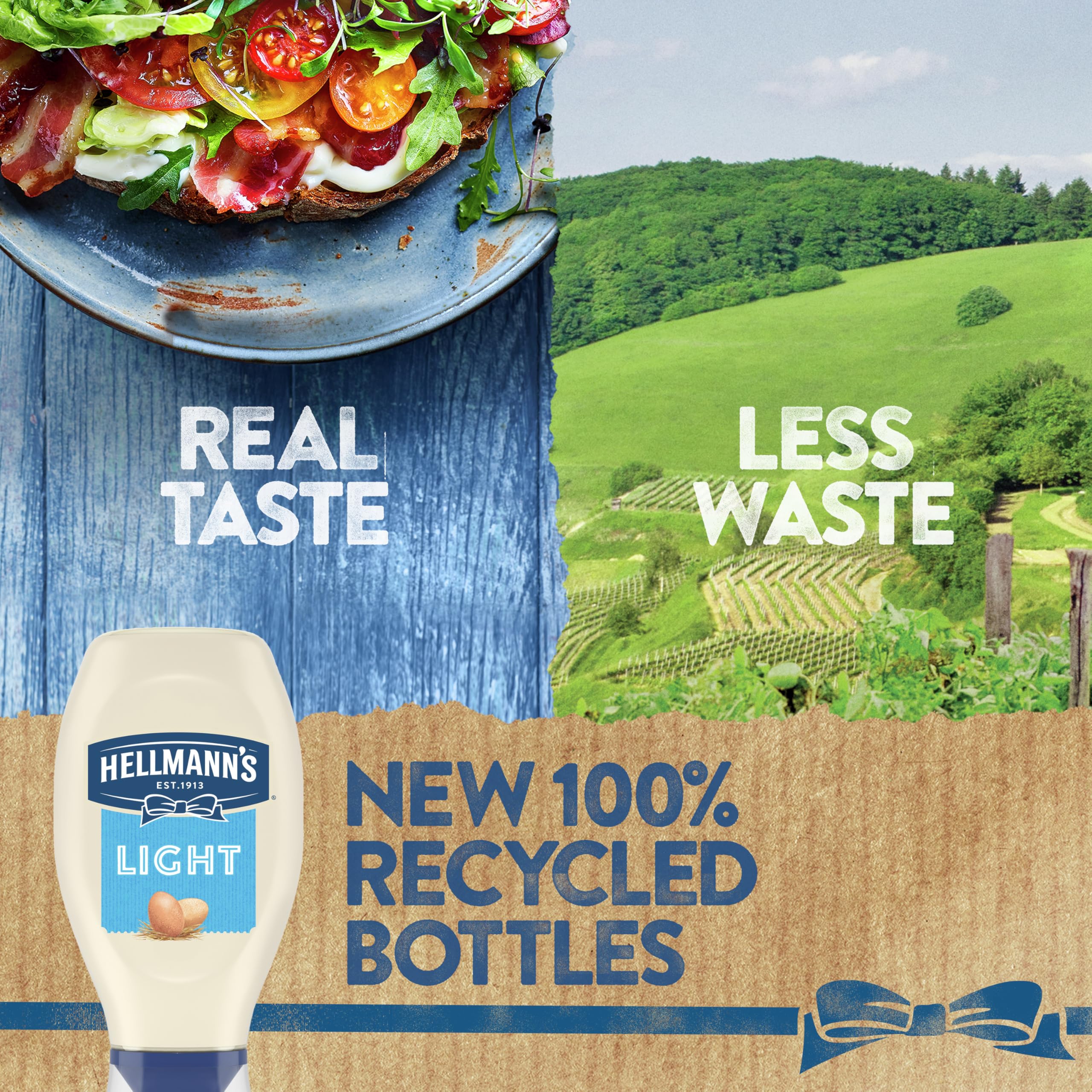 Hellmann's Light Mayo squeeze bottle ready on counter.