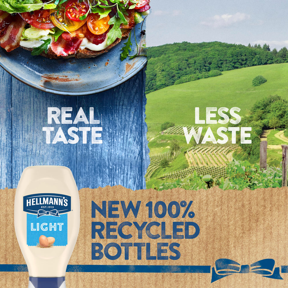 Hellmann's Light Mayo squeeze bottle ready on counter.