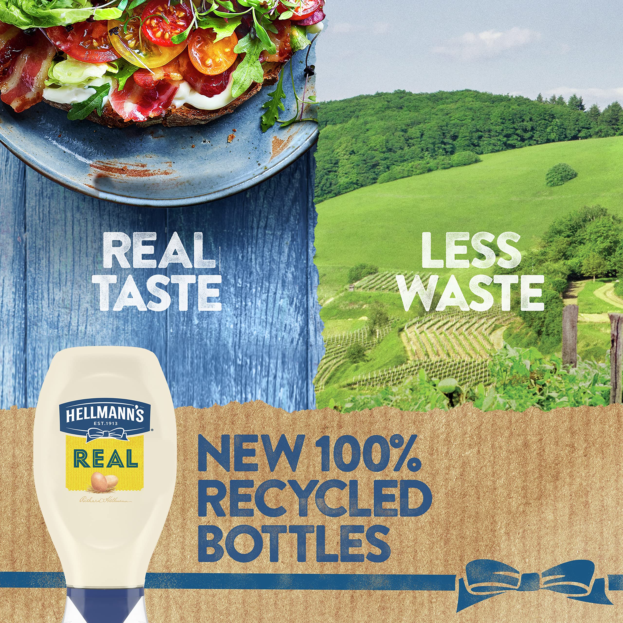 Hellmann's Real Mayonnaise on burger setup suggests rich flavor for juicy patties