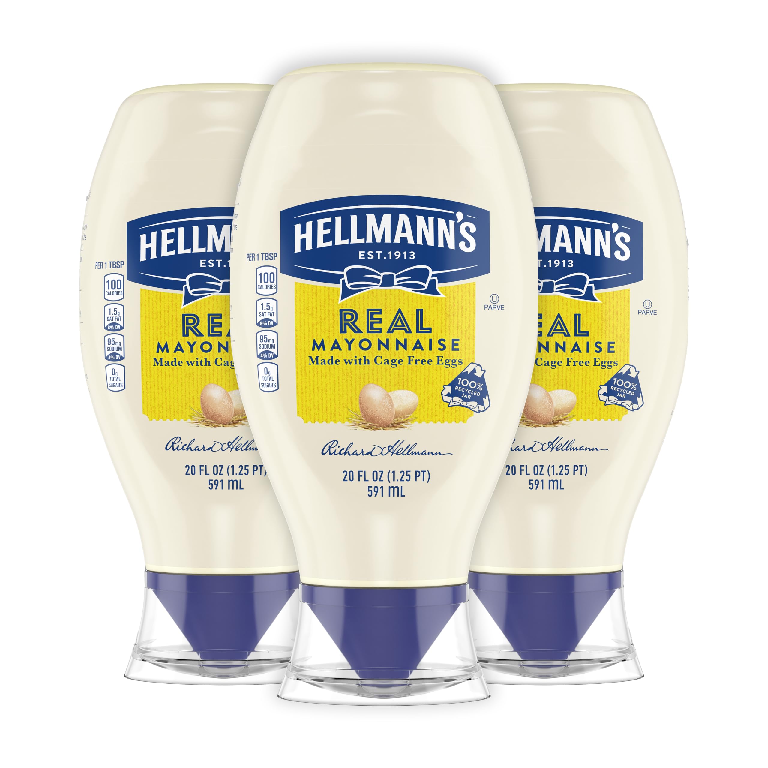 Hellmann's Real Mayonnaise squeeze bottle 3-count shows creamy texture for sandwiches