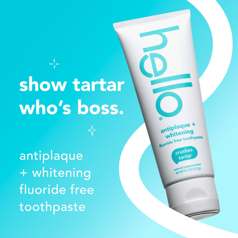 Close-up of Hello Antiplaque mint toothpaste tube showing packaging details.