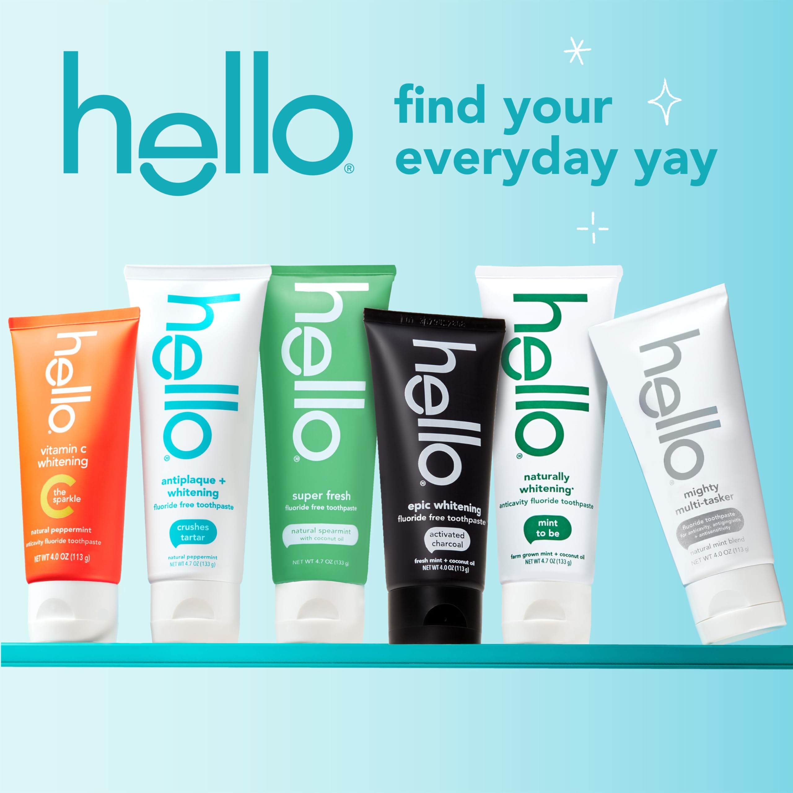 Exterior view of Hello toothpaste pack showcasing minty whitening experience