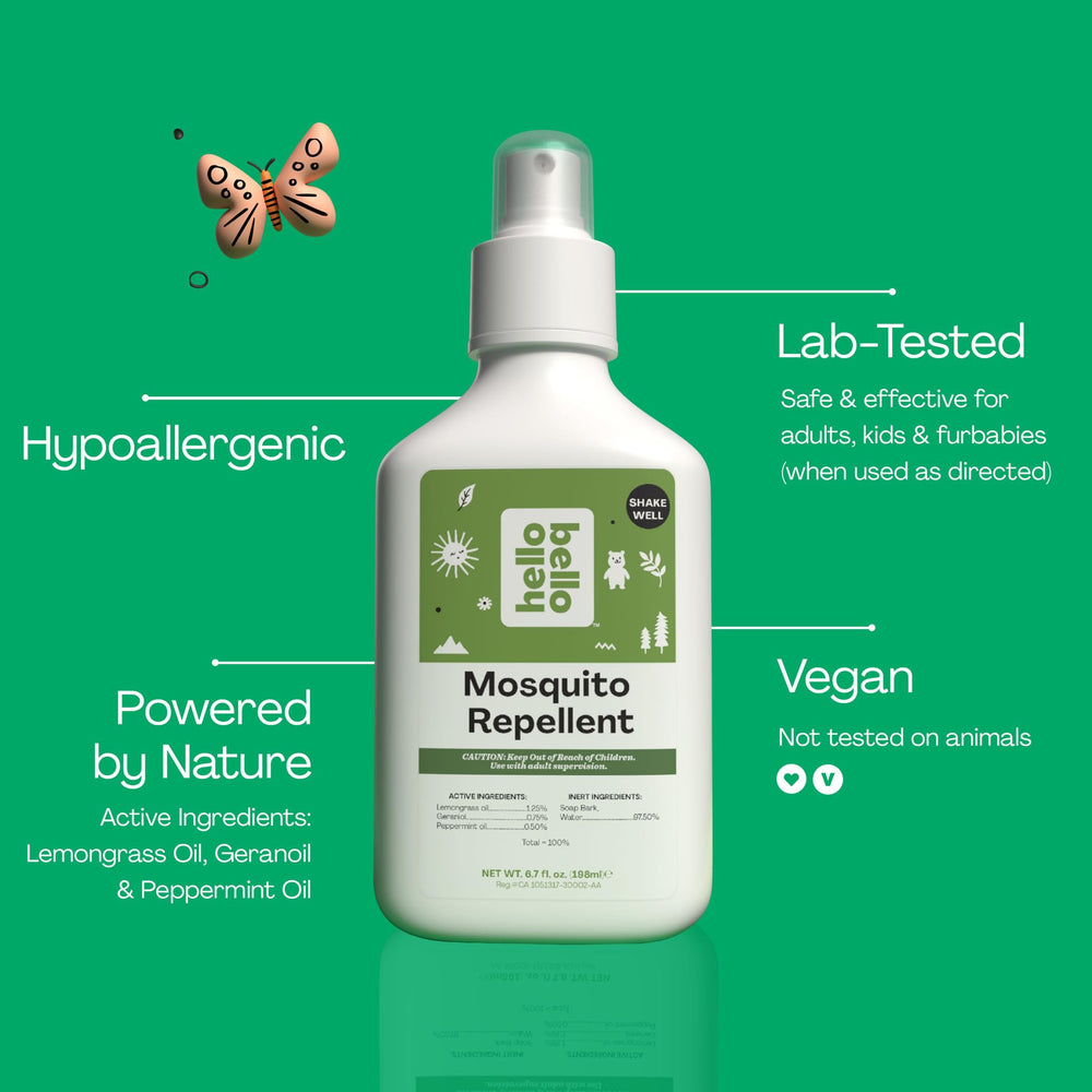 Hello Bello Mosquito Repellent Spritz application on skin for quick outdoor defense