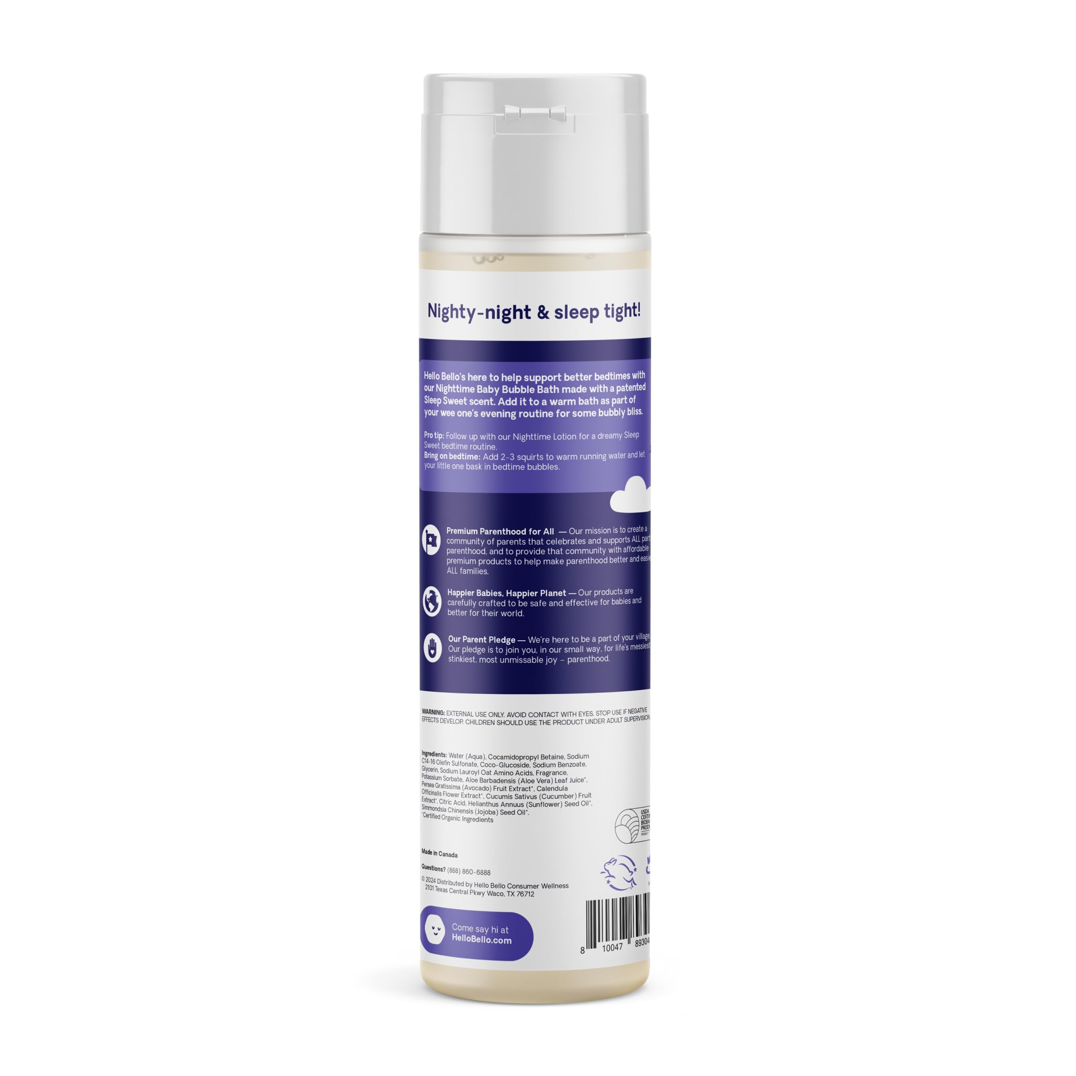 Hello Bello Nighttime Bubble Bath label closeup highlights calendula and avocado for sensitive skin