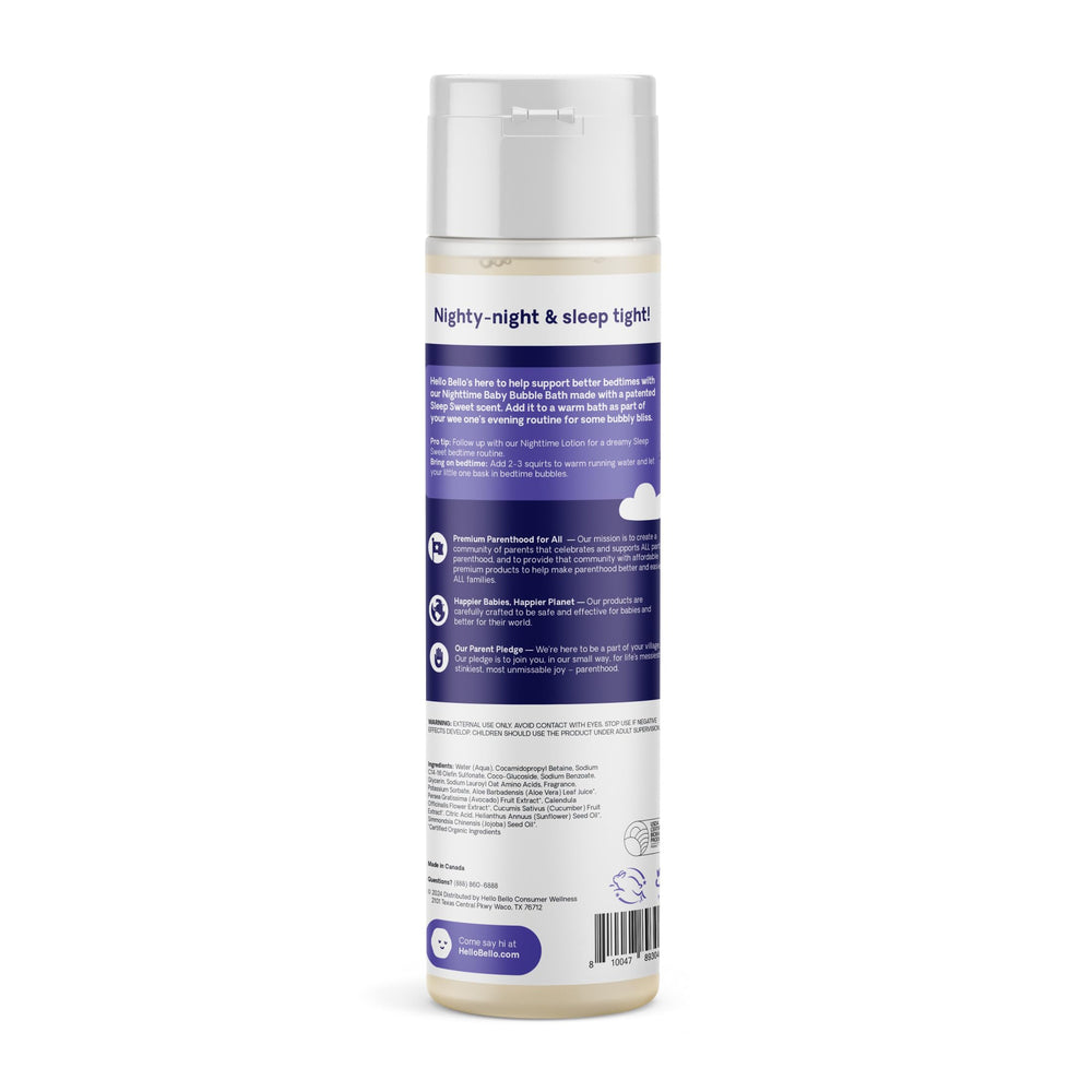 Hello Bello Nighttime Bubble Bath label closeup highlights calendula and avocado for sensitive skin