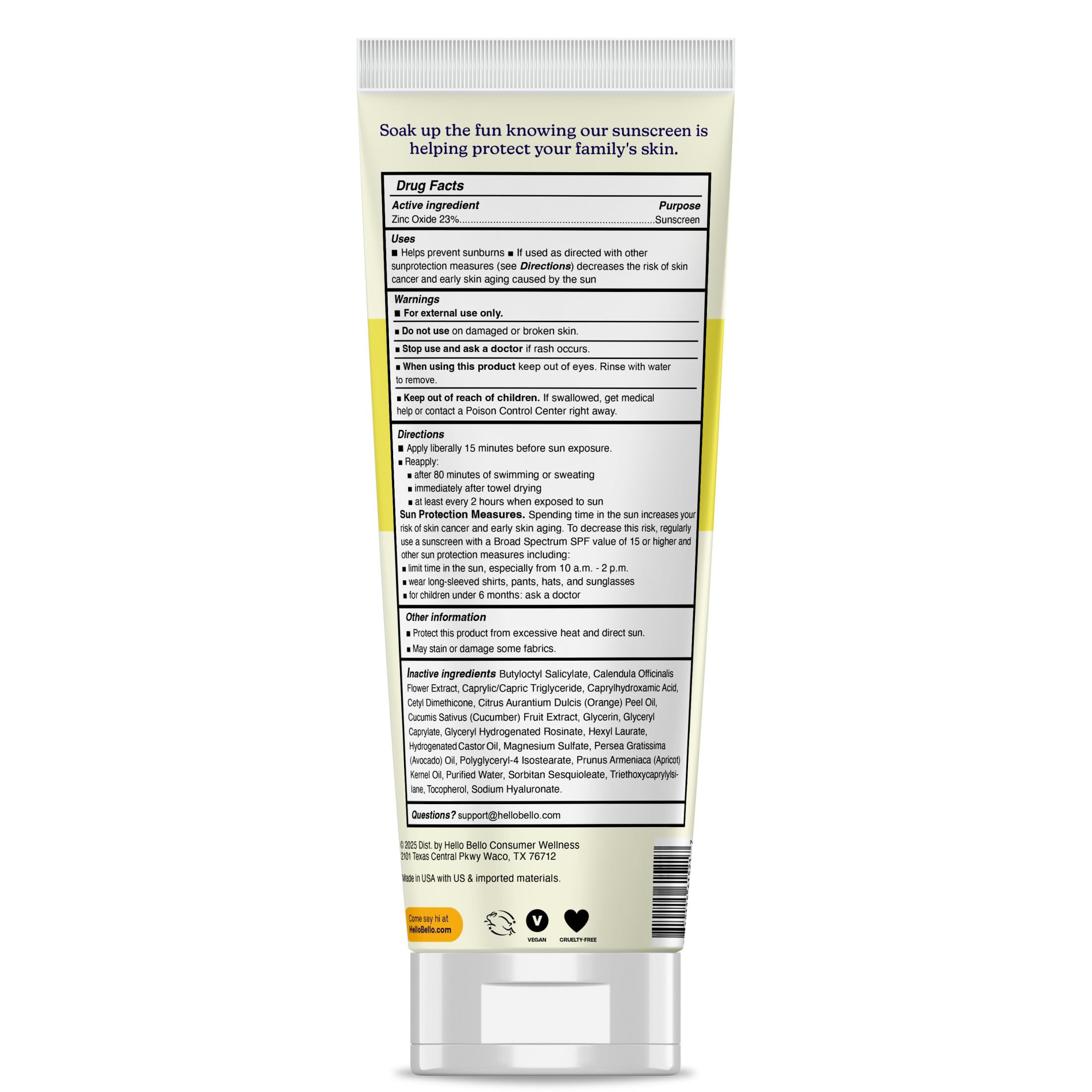 Hello Bello SPF 50 sunscreen close-up with avocado oil and calendula ingredients.