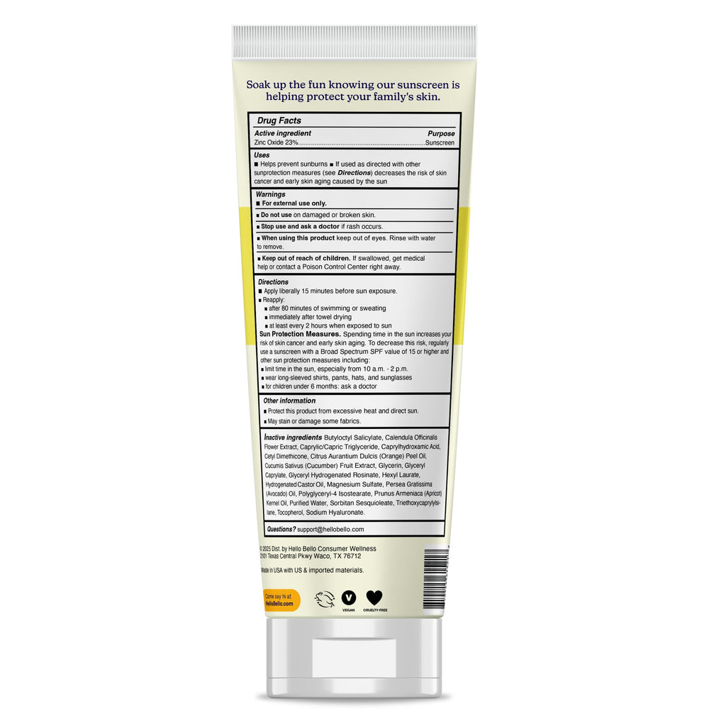 Hello Bello SPF 50 sunscreen close-up with avocado oil and calendula ingredients.