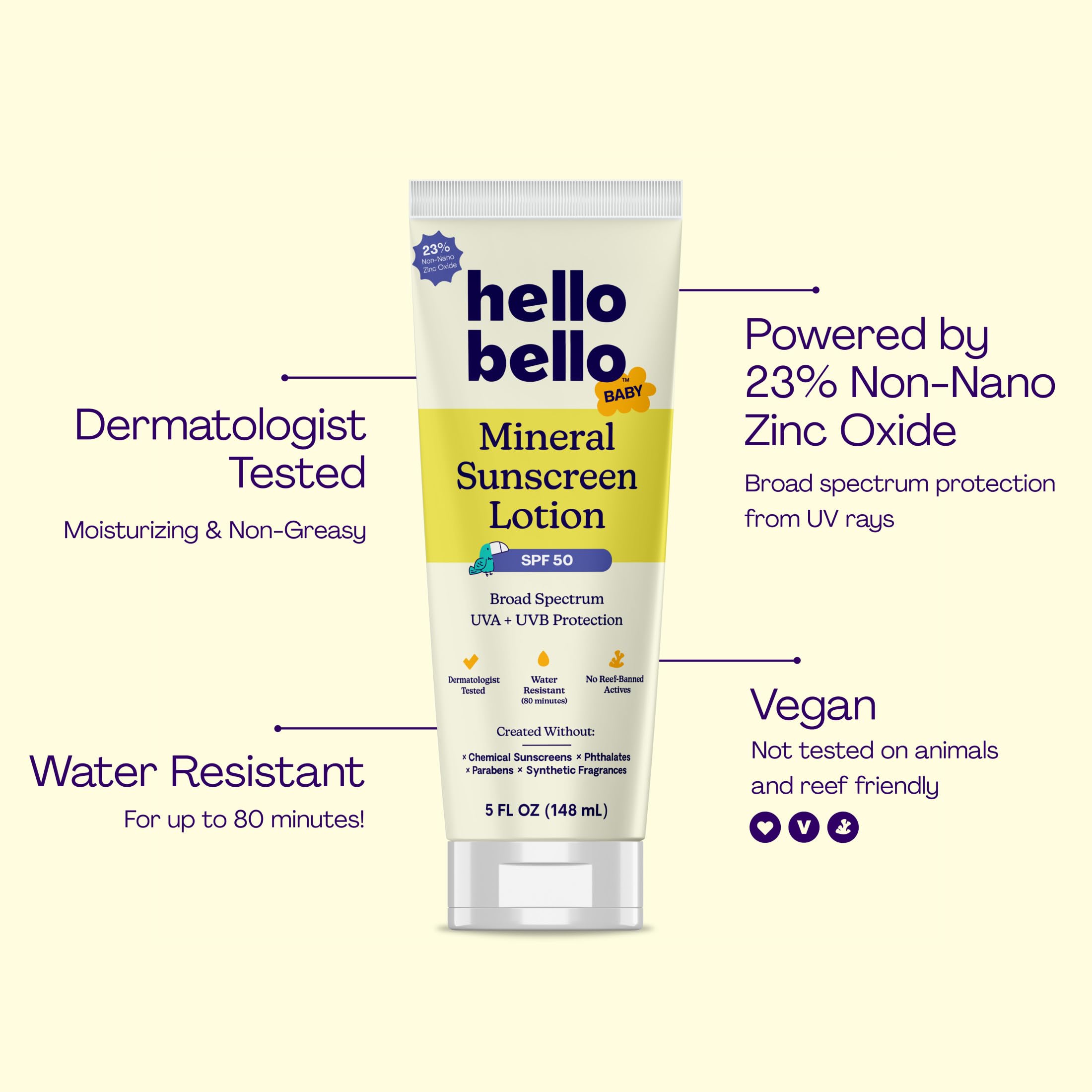 Hello Bello SPF 50 tube packaging shows fragrance-free baby formula.