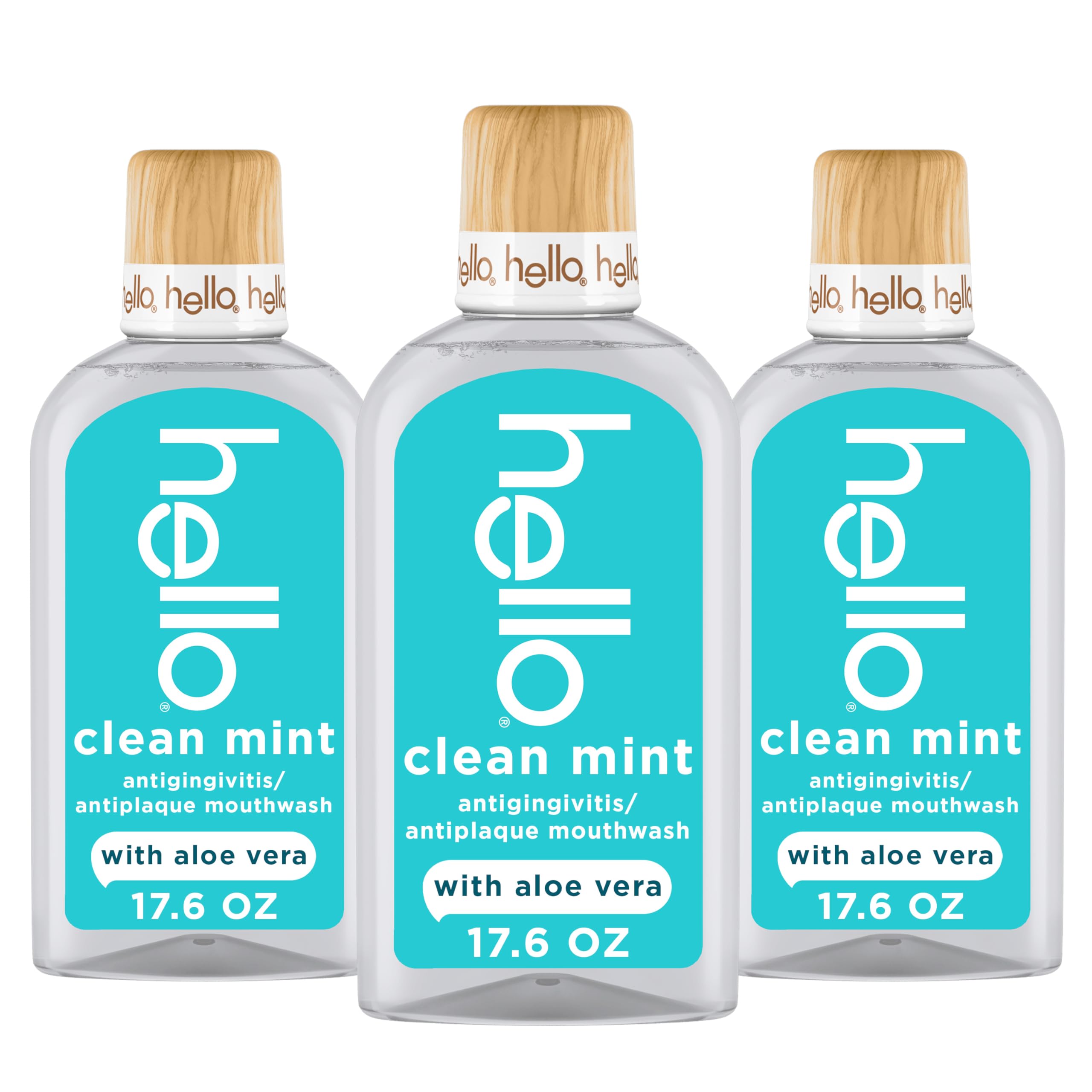 Hello Clean Mint mouthwash bottle with wood cap signals premium freshness.