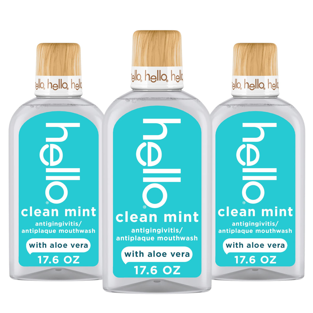 Hello Clean Mint mouthwash bottle with wood cap signals premium freshness.
