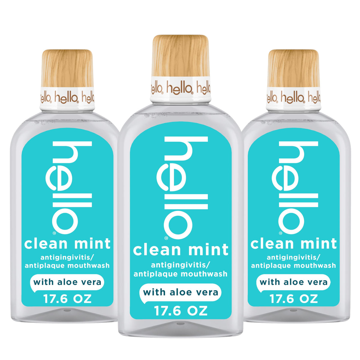 Hello Clean Mint mouthwash bottle with wood cap signals premium freshness.