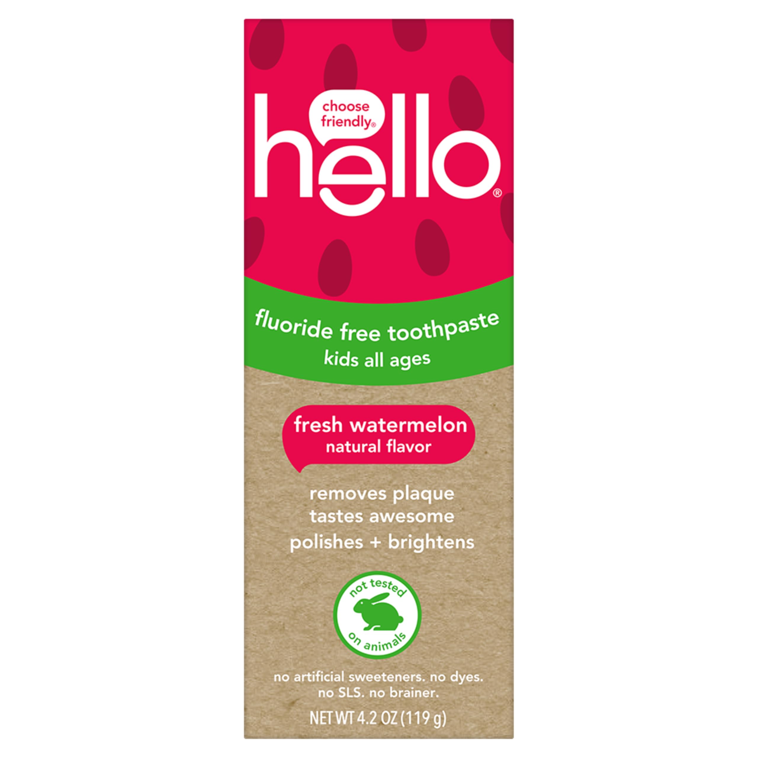 Hello Fresh Watermelon toothpaste packaging featuring cruelty-free values.