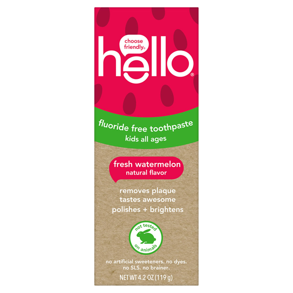 Hello Fresh Watermelon toothpaste packaging featuring cruelty-free values.