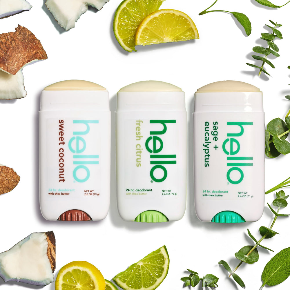 Hello 24-hour protection image suggests all-day odor control and freshness.