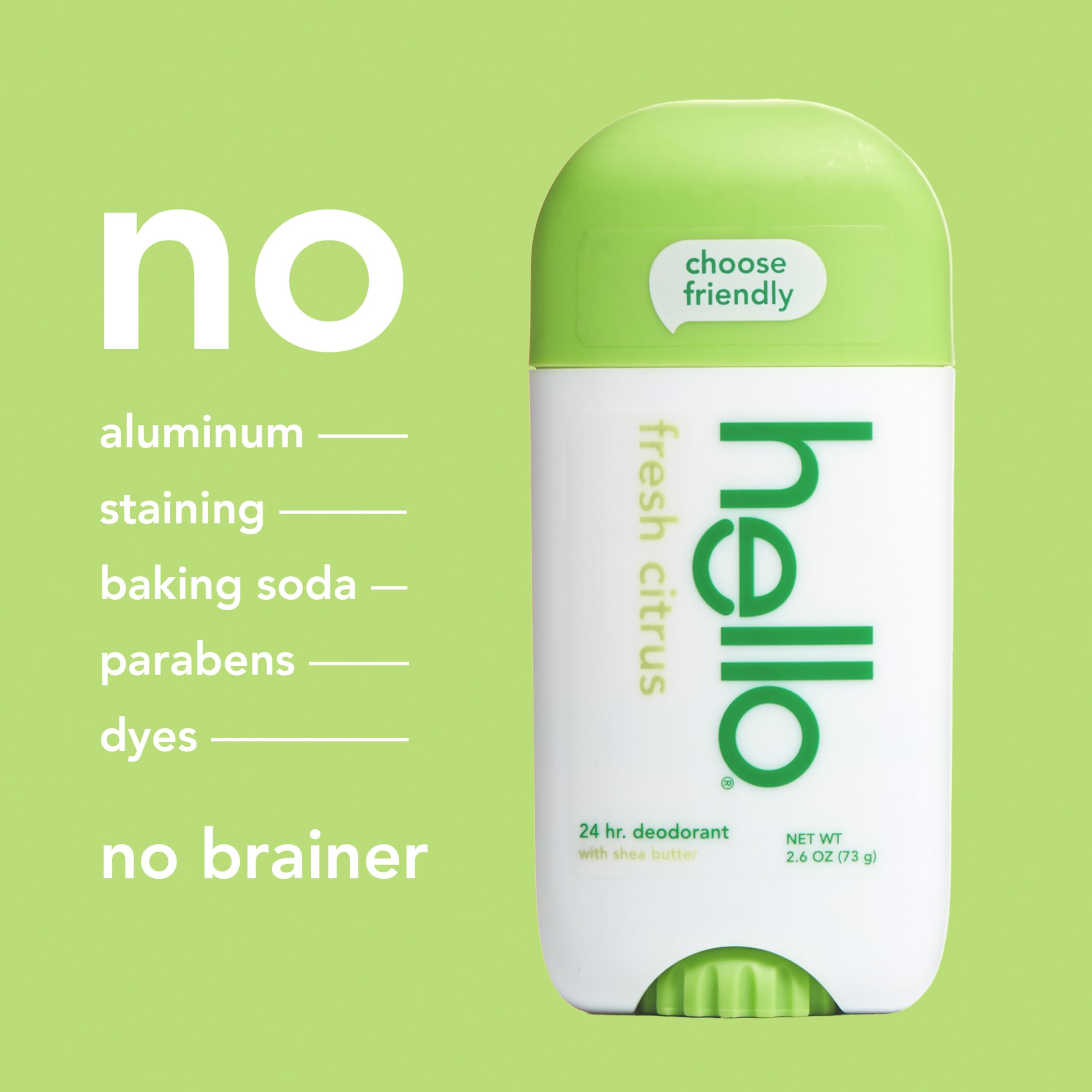 Hello aluminum-free formula image communicates the dye- and baking-soda-free clean.