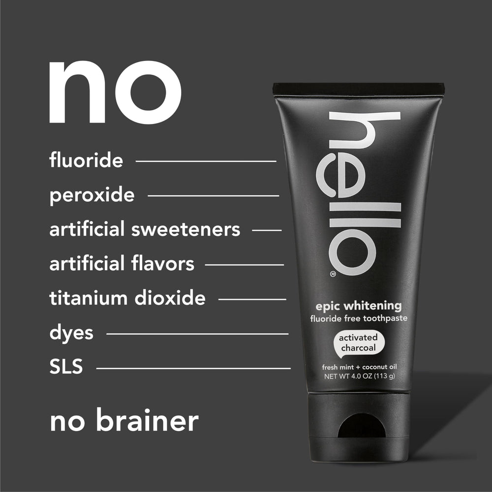 Hello Epic Whitening toothpaste on counter with vegan and cruelty-free labeling
