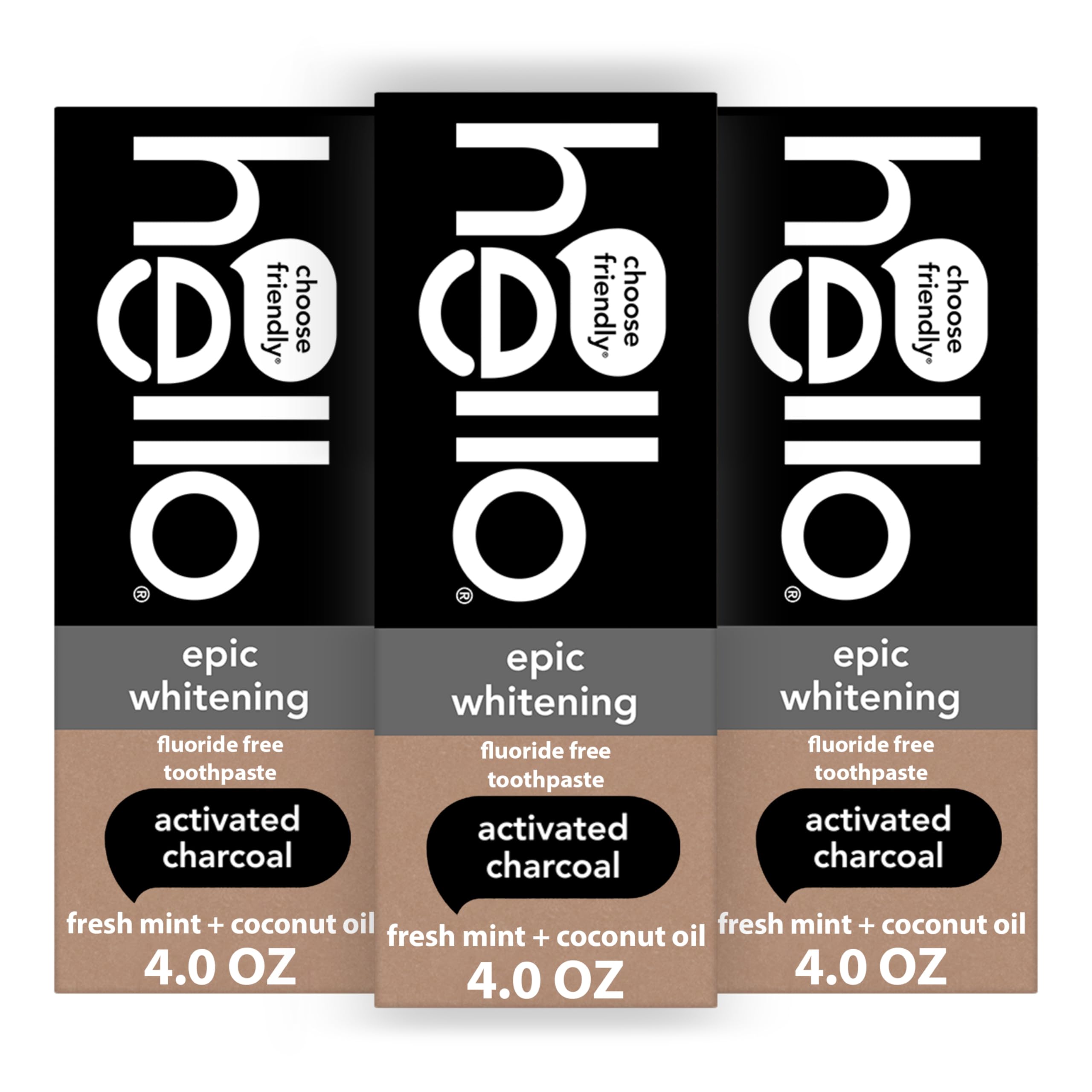 Hello Epic Whitening toothpaste tube front shows charcoal blend for enamel-friendly whitening