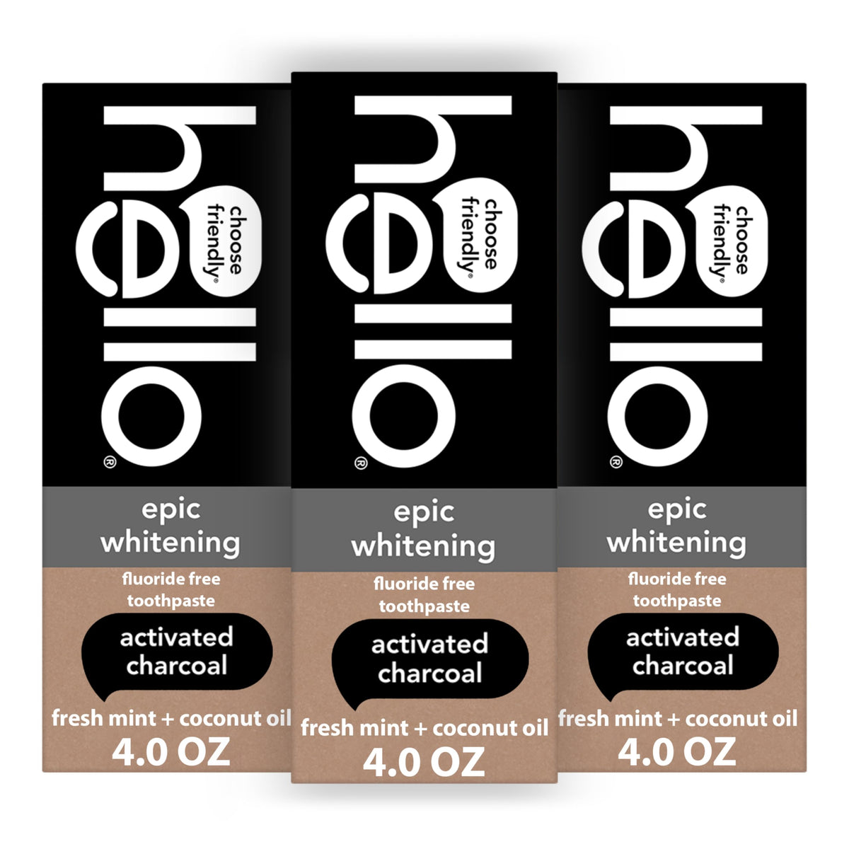 Hello Epic Whitening toothpaste tube front shows charcoal blend for enamel-friendly whitening