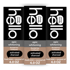 Hello Epic Whitening toothpaste tube front shows charcoal blend for enamel-friendly whitening