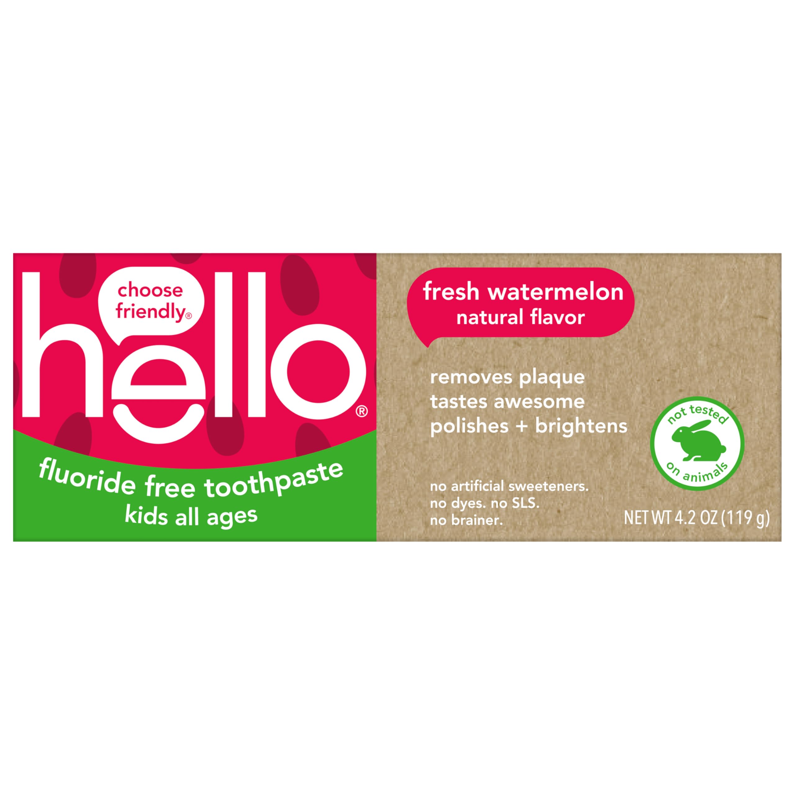 Hello Fresh Watermelon toothpaste image focusing on kid-friendly flavor for brushing.
