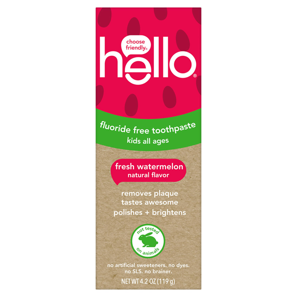 Hello Fresh Watermelon toothpaste tube highlighting fluoride-free formula for kids' brushing.