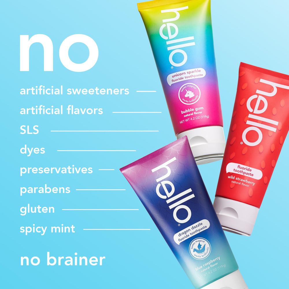 Close-up of Dragon Dazzle blue raspberry Hello Kids toothpaste detail and color.