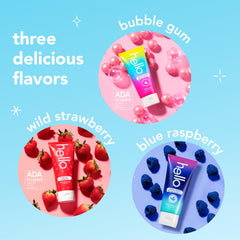 Hello Kids fluoride toothpaste variety pack packaging front showing three flavors.