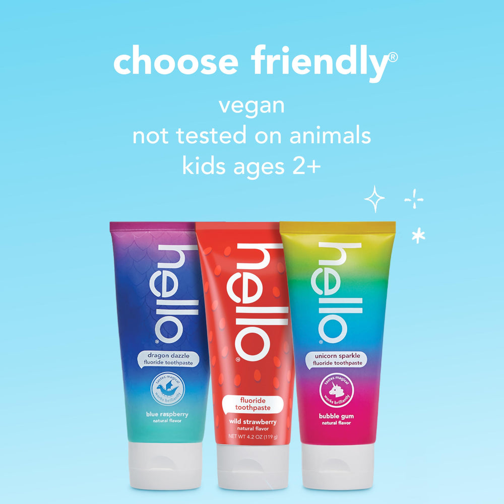 Hello Kids toothpaste tubes lined up from the variety pack for easy access.