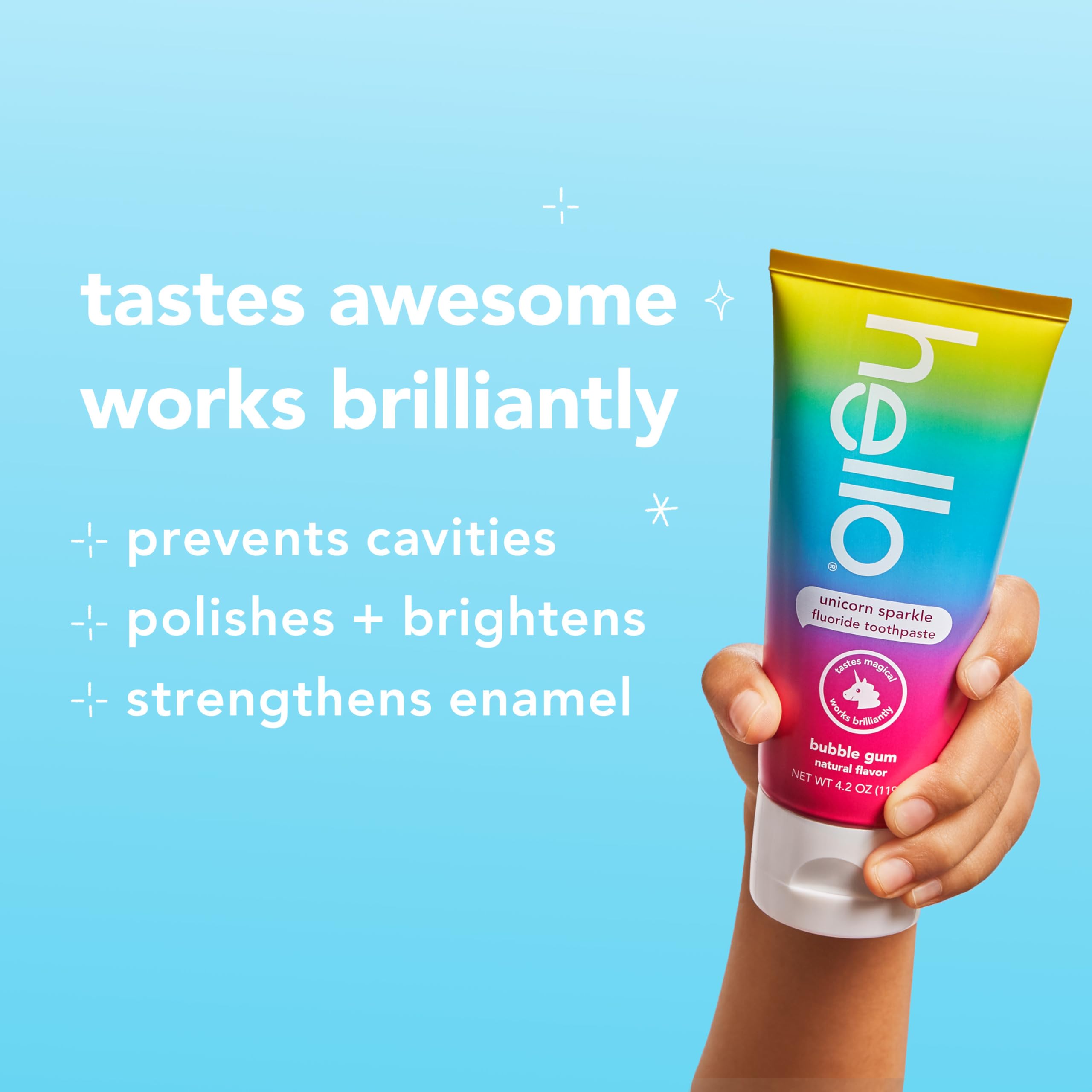 Hello Kids fluoride toothpaste variety pack Unicorn Sparkle bubble gum tube for playful brushing.