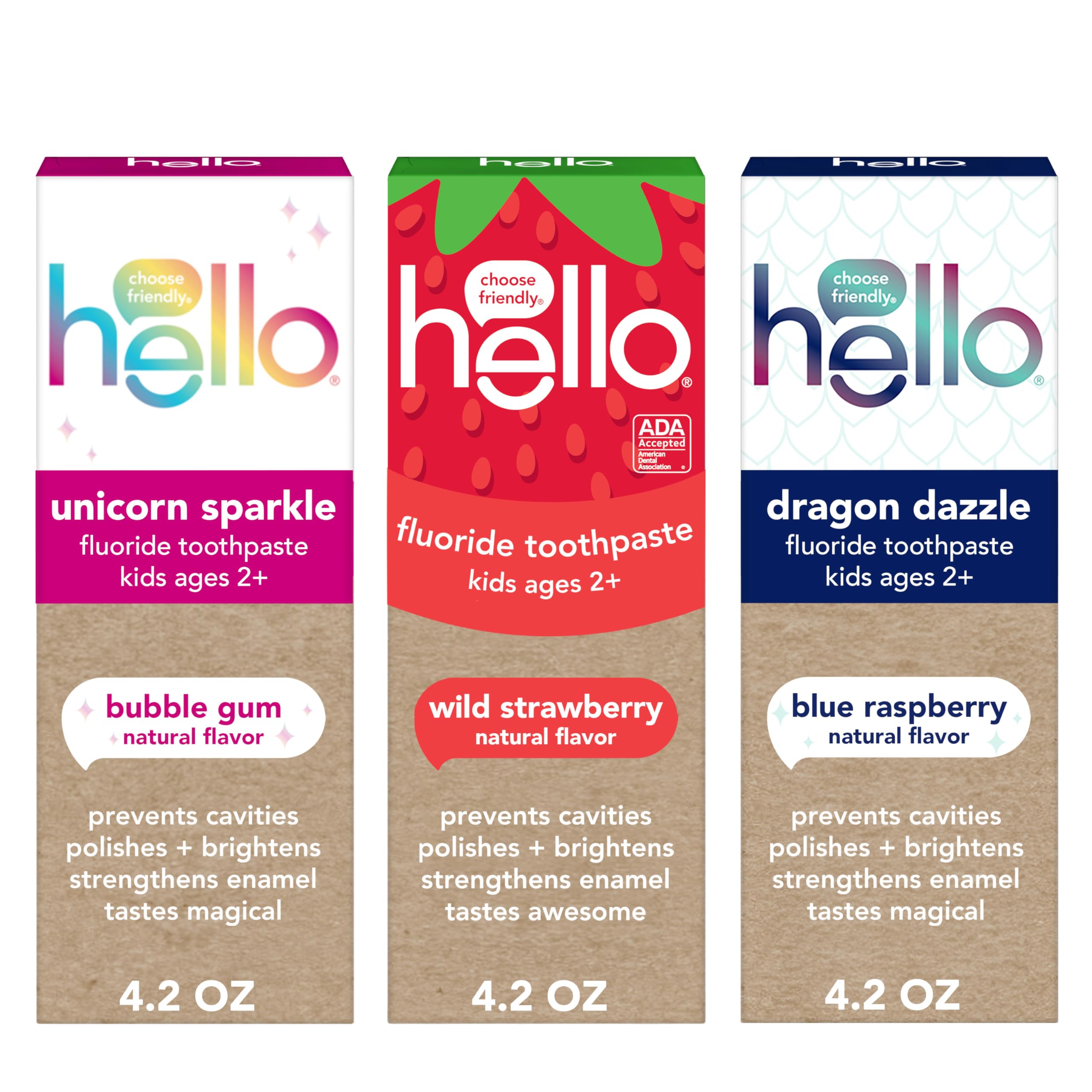 Hello Kids fluoride toothpaste variety pack Wild Strawberry tube provides tasty daily brushing support.
