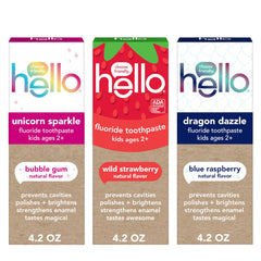 Hello Kids fluoride toothpaste variety pack Wild Strawberry tube provides tasty daily brushing support.