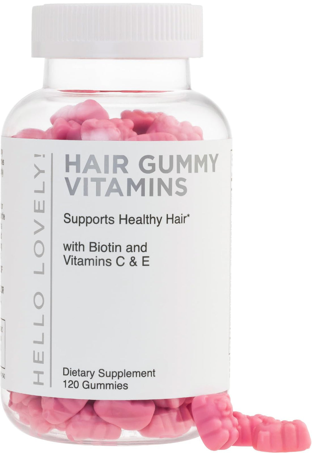 Hello Lovely Hair Vitamins bottle with berry gummies for daily beauty support.