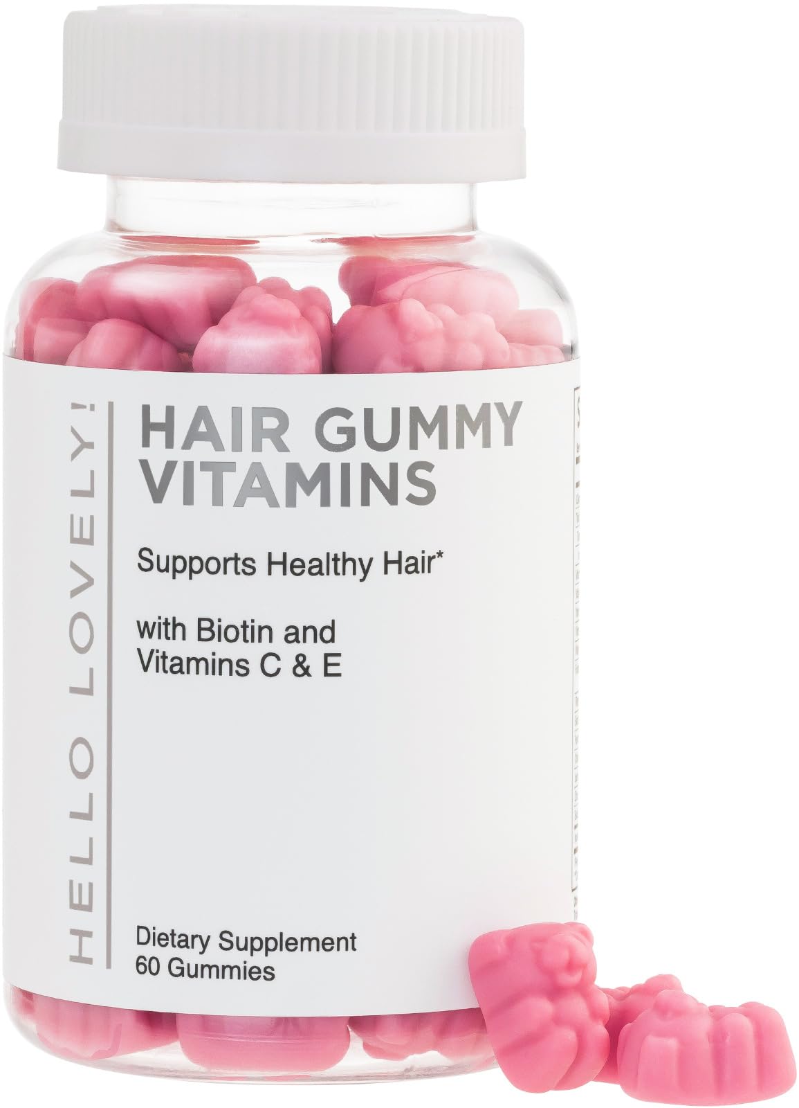 Hello Lovely Hair Vitamins bottle closeup supports hair health.