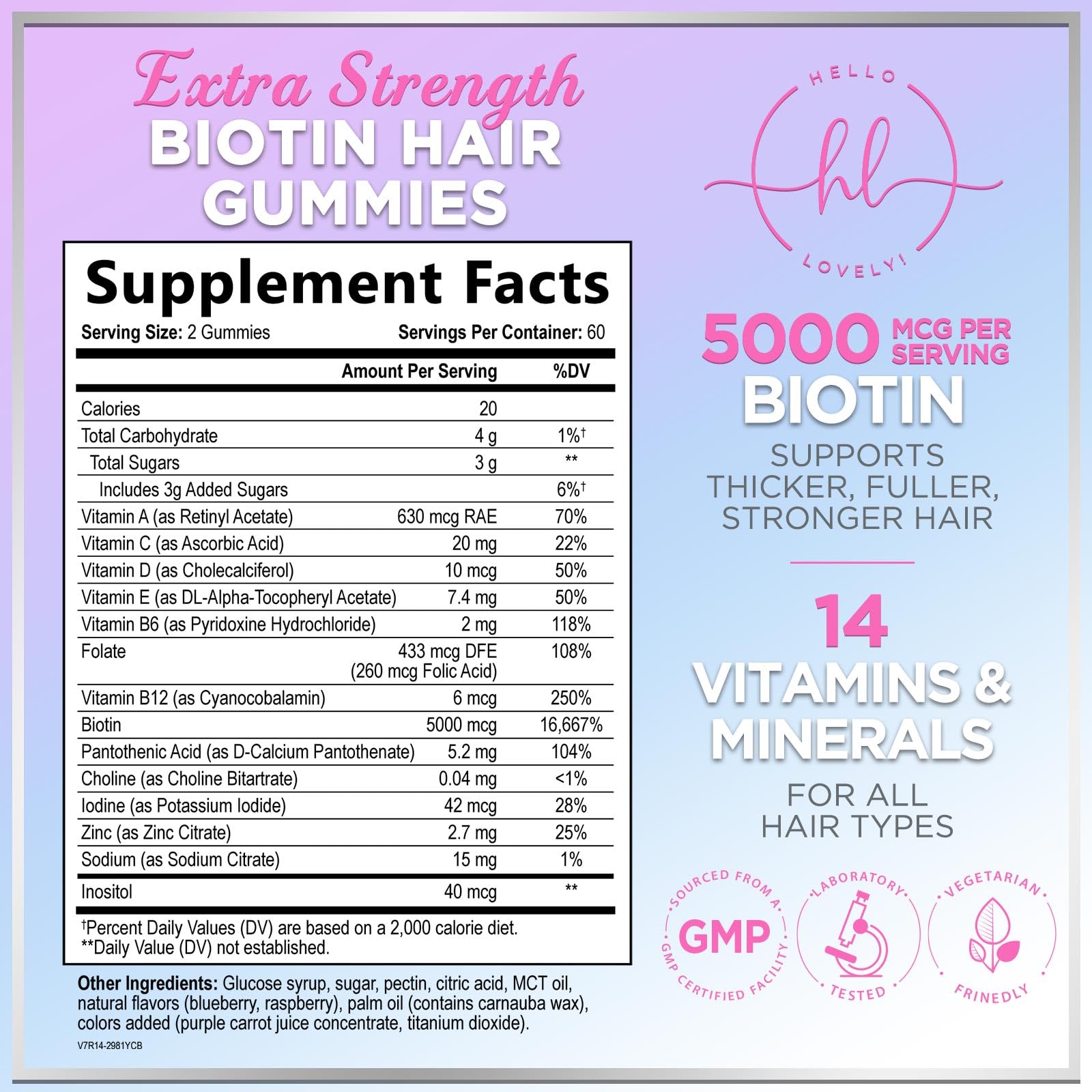 Hello Lovely Hair Vitamins gummies close-up show the berry flavor and chewable texture.