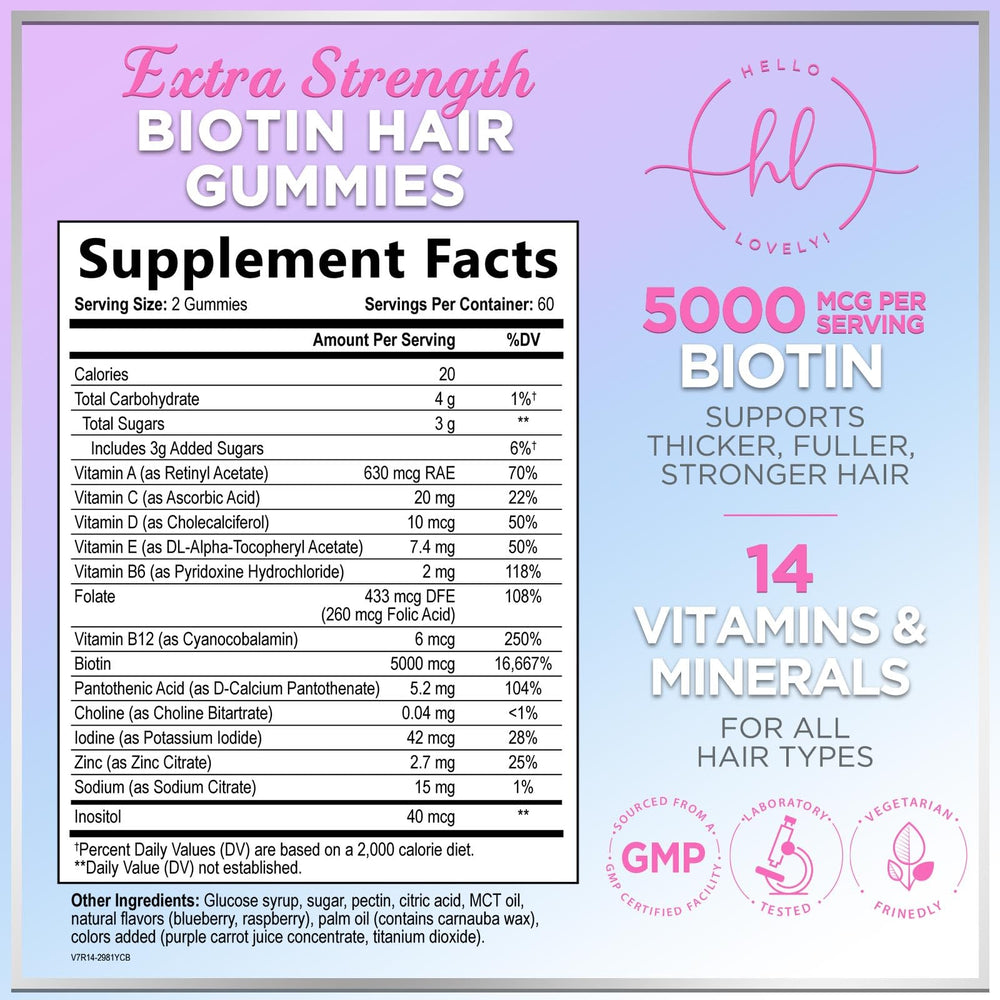 Hello Lovely Hair Vitamins gummies close-up show the berry flavor and chewable texture.