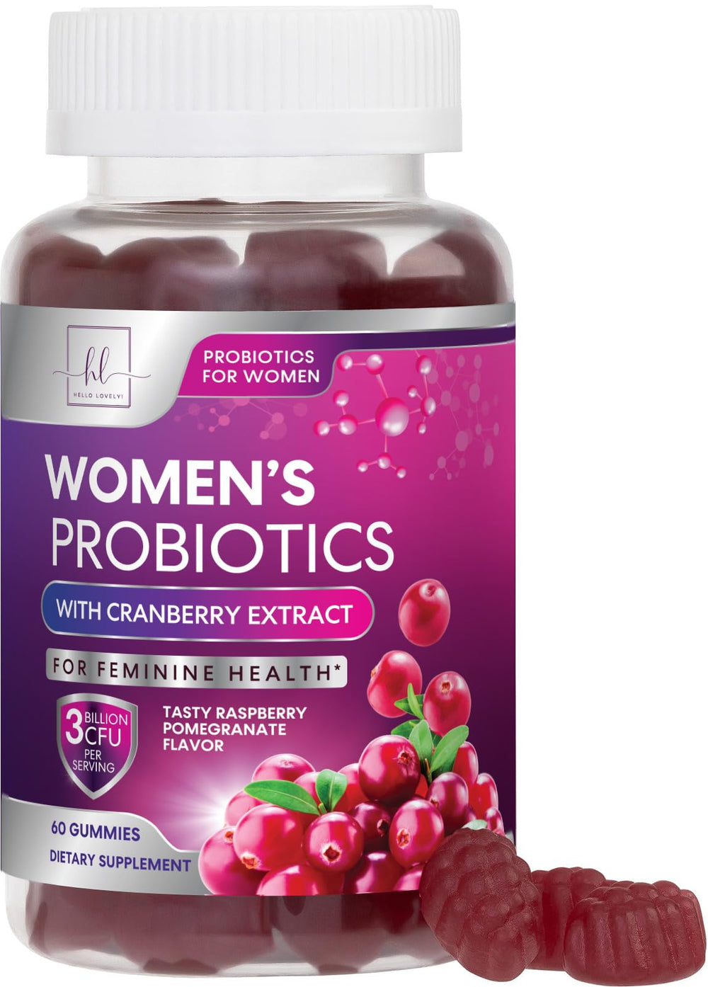Hello Lovely Probiotics for Women gummies bottle with cranberry blend for feminine balance.