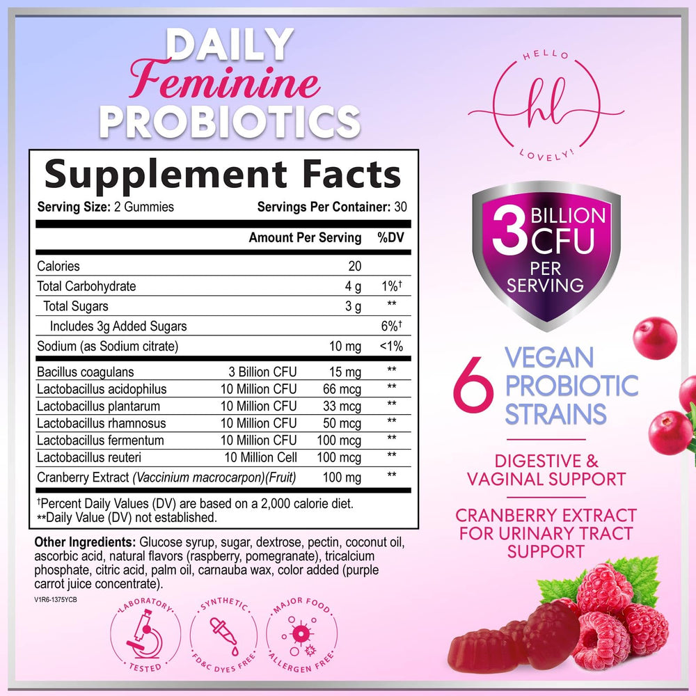 Close-up of Hello Lovely gummies label highlighting six strains for digestive support.