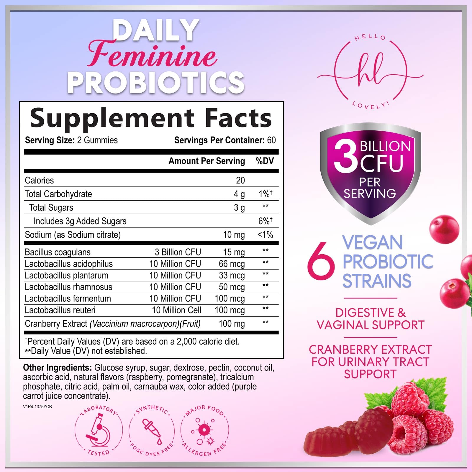 Hello Lovely Probiotics Gummies bottle back with ingredient highlights and quality assurance.