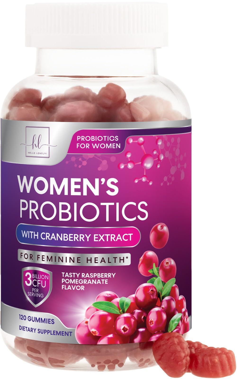 Hello Lovely Probiotics Gummies with Cranberry bottle front for digestive balance and feminine health.