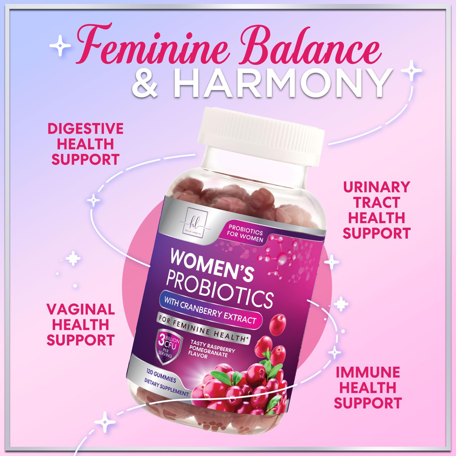 Hello Lovely Probiotics Gummies ingredients scene highlights prebiotics and probiotic blend.