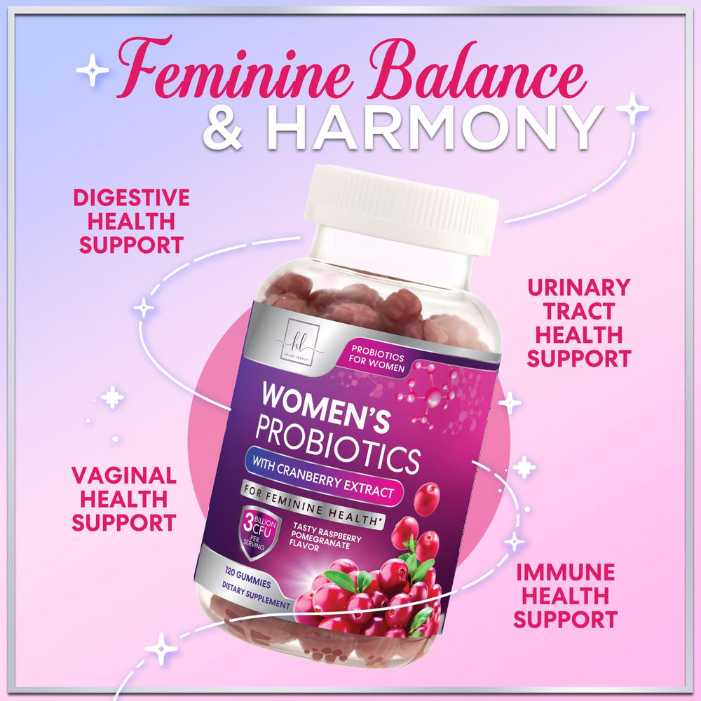 Hello Lovely Probiotics Gummies ingredients scene highlights prebiotics and probiotic blend.