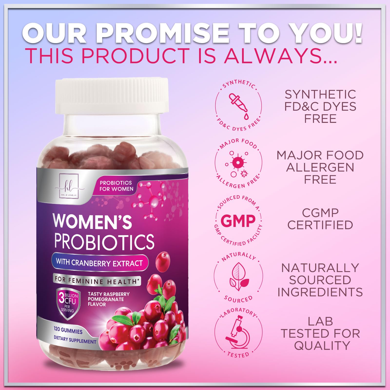 Hello Lovely Probiotics Gummies packaging side emphasizes cranberry blend for feminine health.