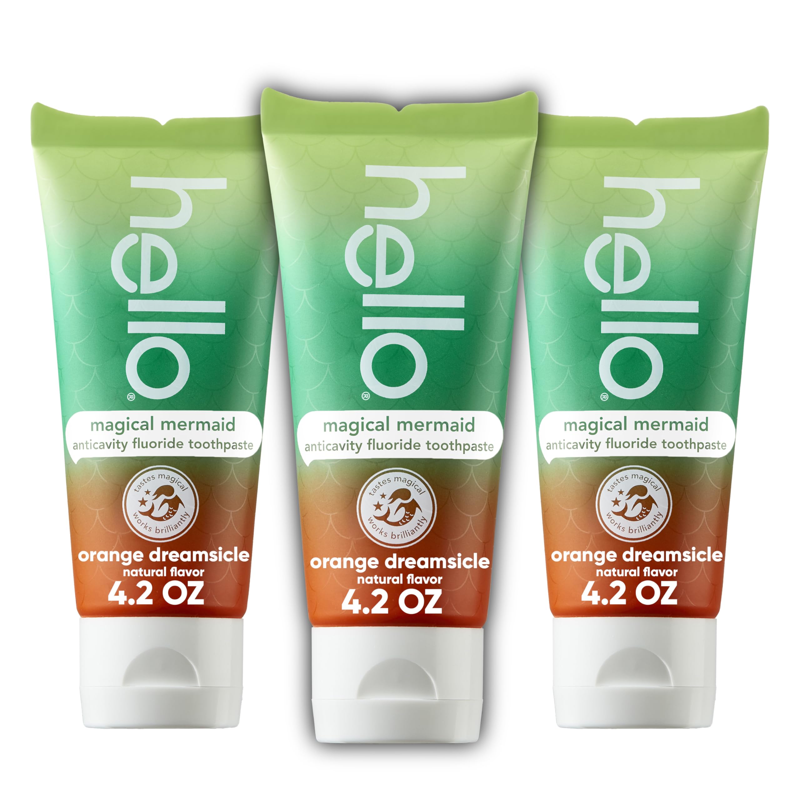 Hello Magical Mermaid toothpaste front view with three tubes, easy brushing for kids
