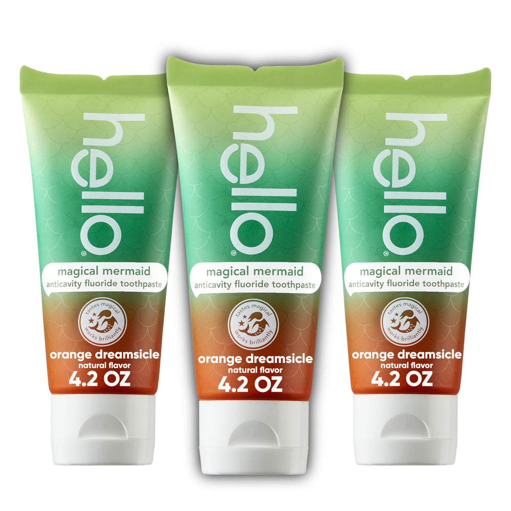 Hello Magical Mermaid toothpaste front view with three tubes, easy brushing for kids