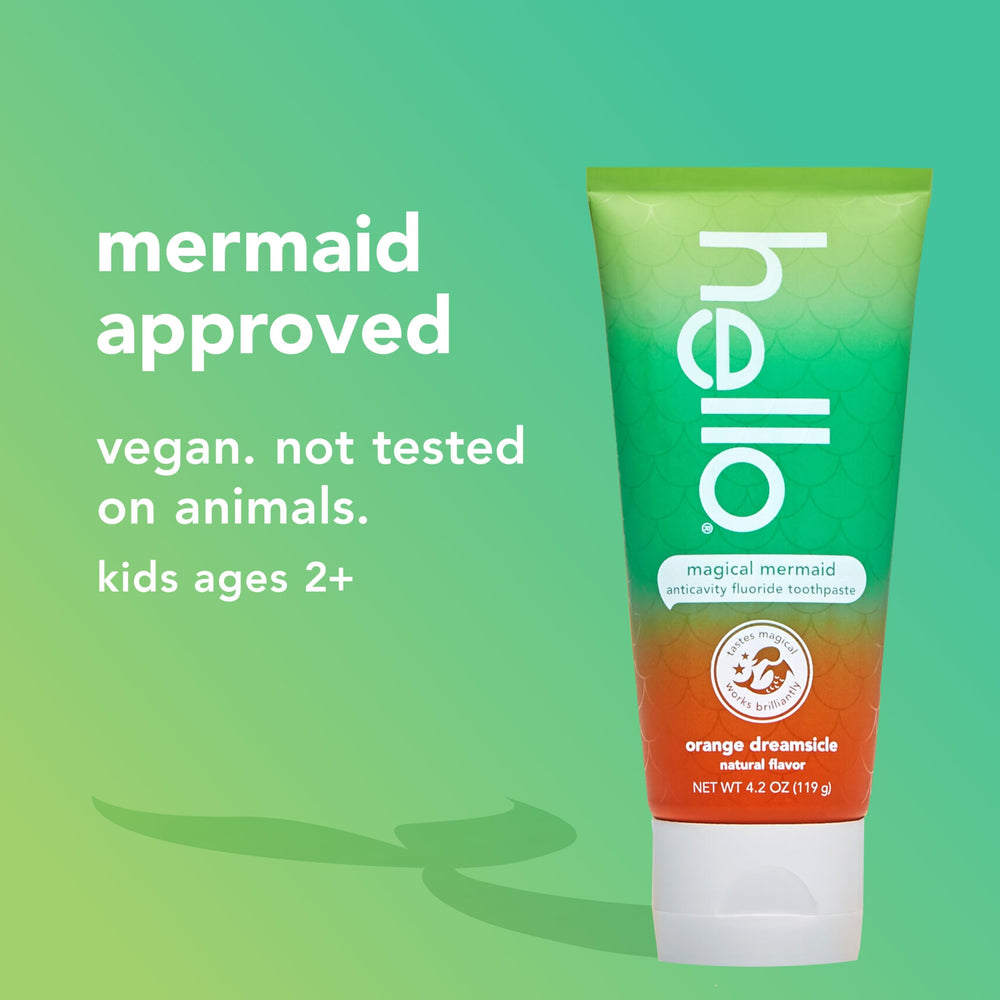 Hello Magical Mermaid smiling kid after brushing, positive morning routine