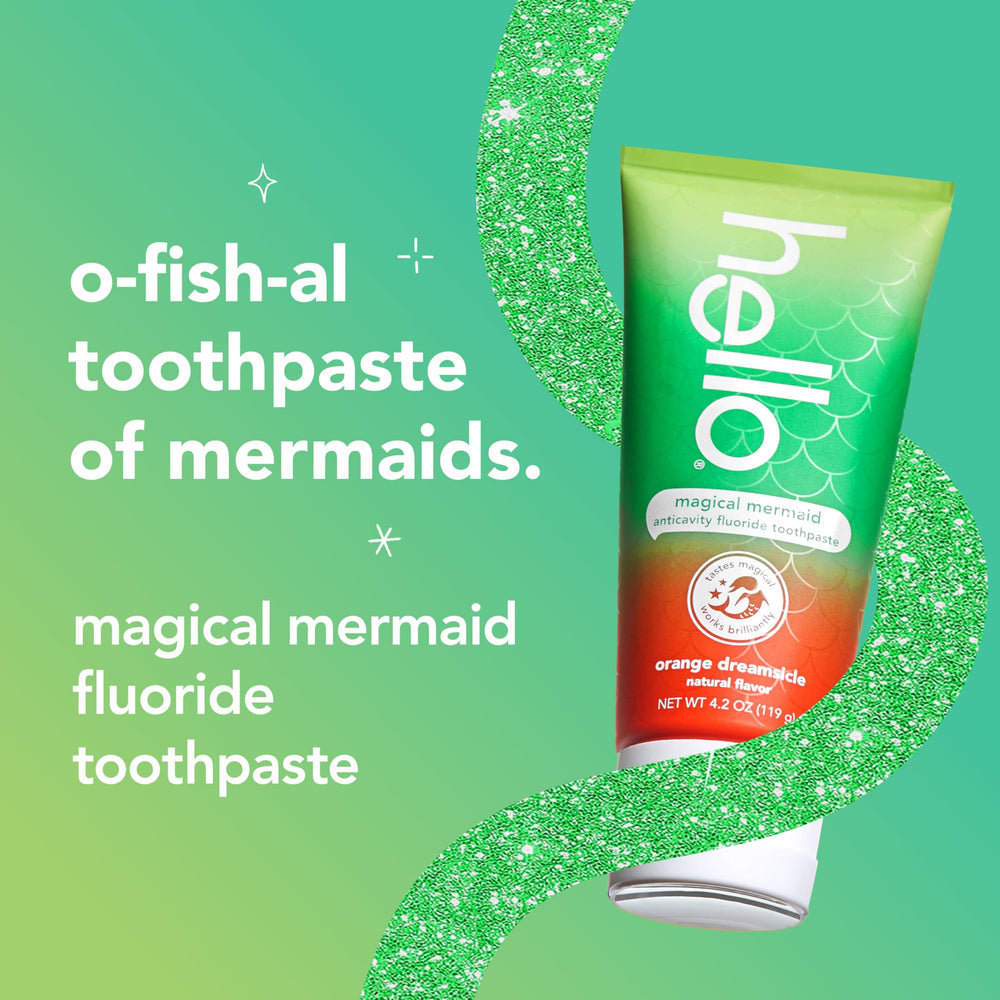 Hello Magical Mermaid toothpaste tube graphics highlighting fluoride protection
