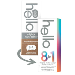 Hello Mighty Multitasker toothpaste box packaging on bathroom counter