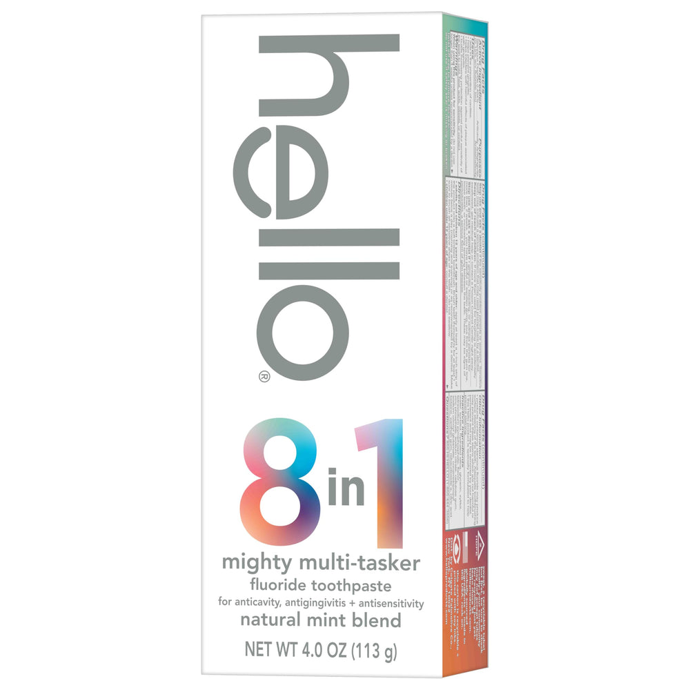 Hello Mighty Multitasker toothpaste tube front showing mint branding for fresh breath