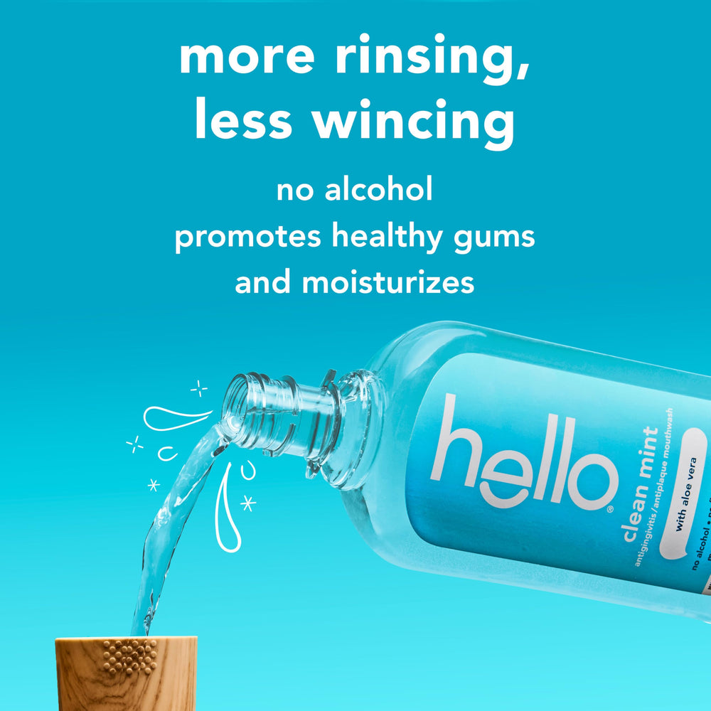 Hello mouthwash pour closeup shows minty freshness without sting