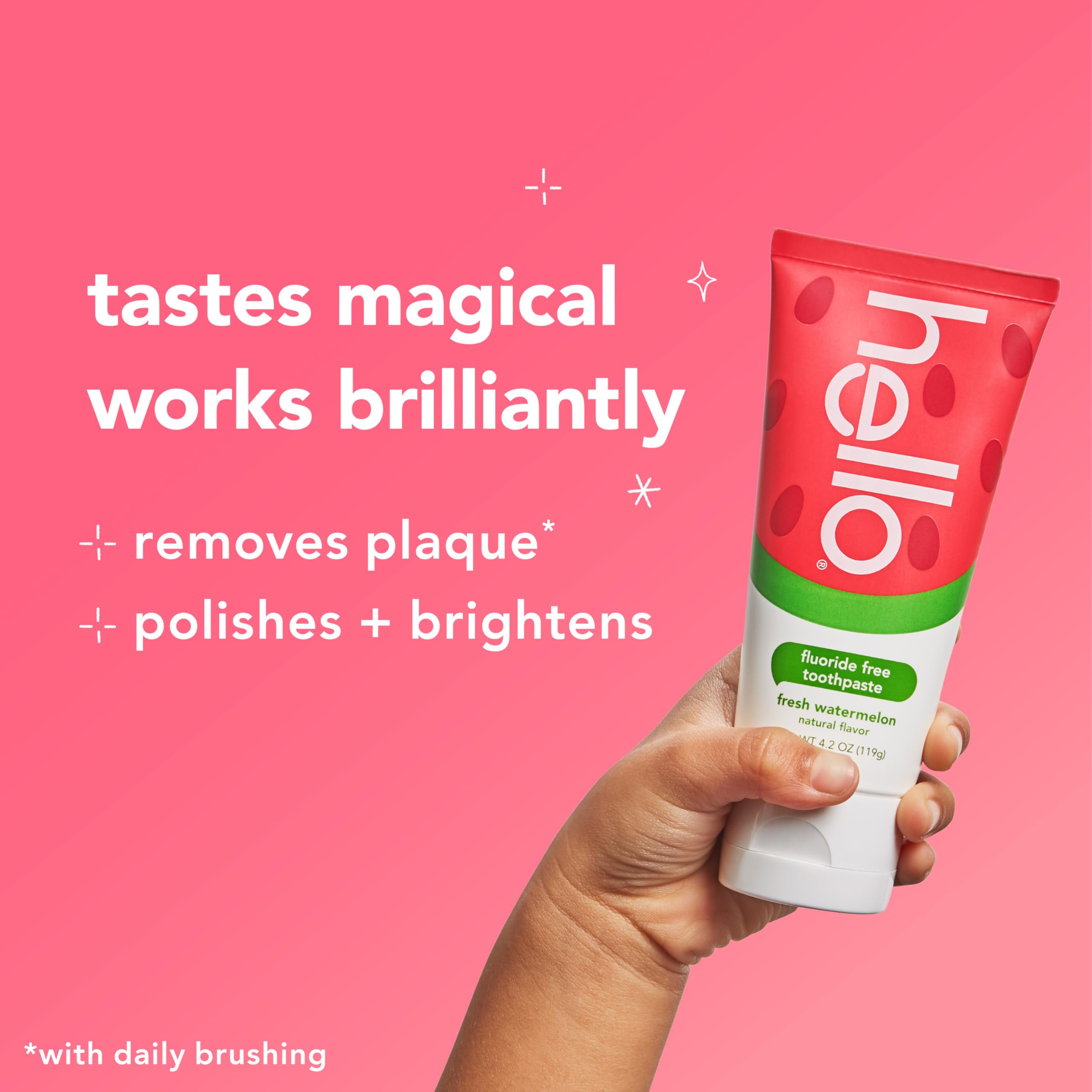Hello Fresh Watermelon toothpaste ingredient label noting gluten-free and absence of artificial additives.